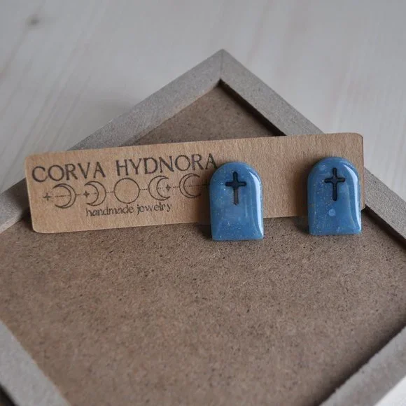Handmade Tombstone Polymer Clay Stud Earrings Slate Blue Stainless Steel Posts - Picture 2 of 2